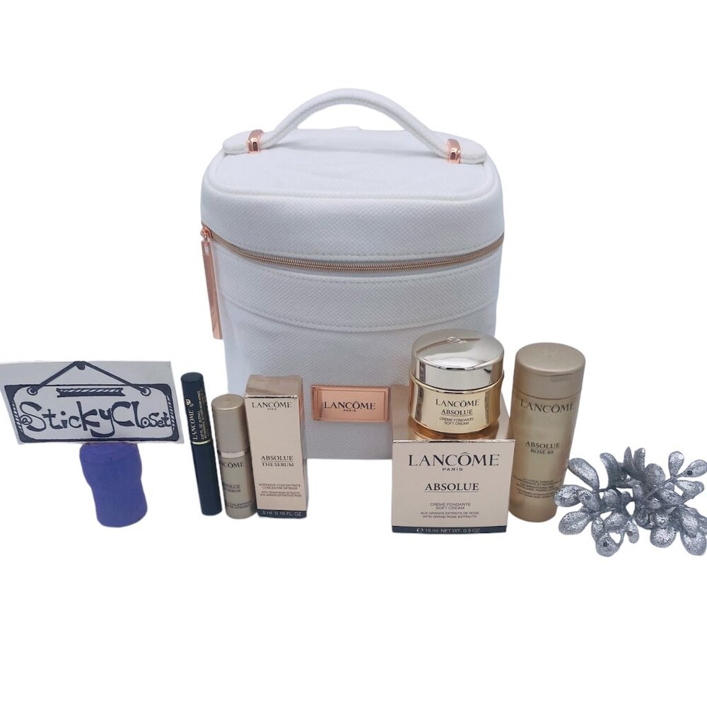 Lancome Absolue Beauty Gift Set-White Vanity Pouch,Toner,Serum,Mascara-4pc-NEW